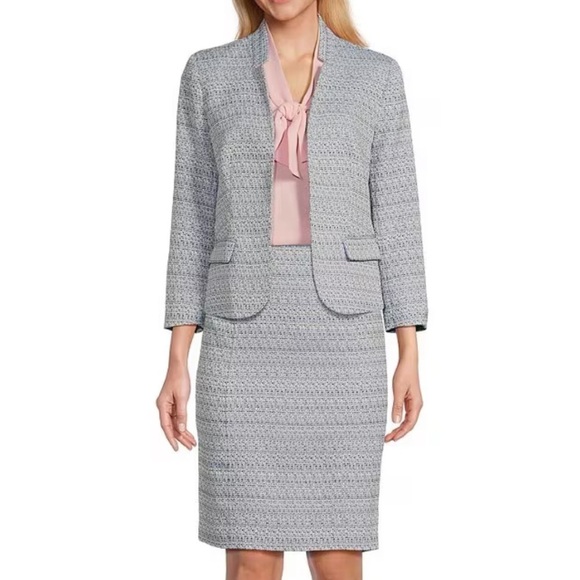 Kasper Petite Tweed Suit Grey Blue Open Jacket and Pencil Skirt Size MP & 6P - Picture 1 of 16
